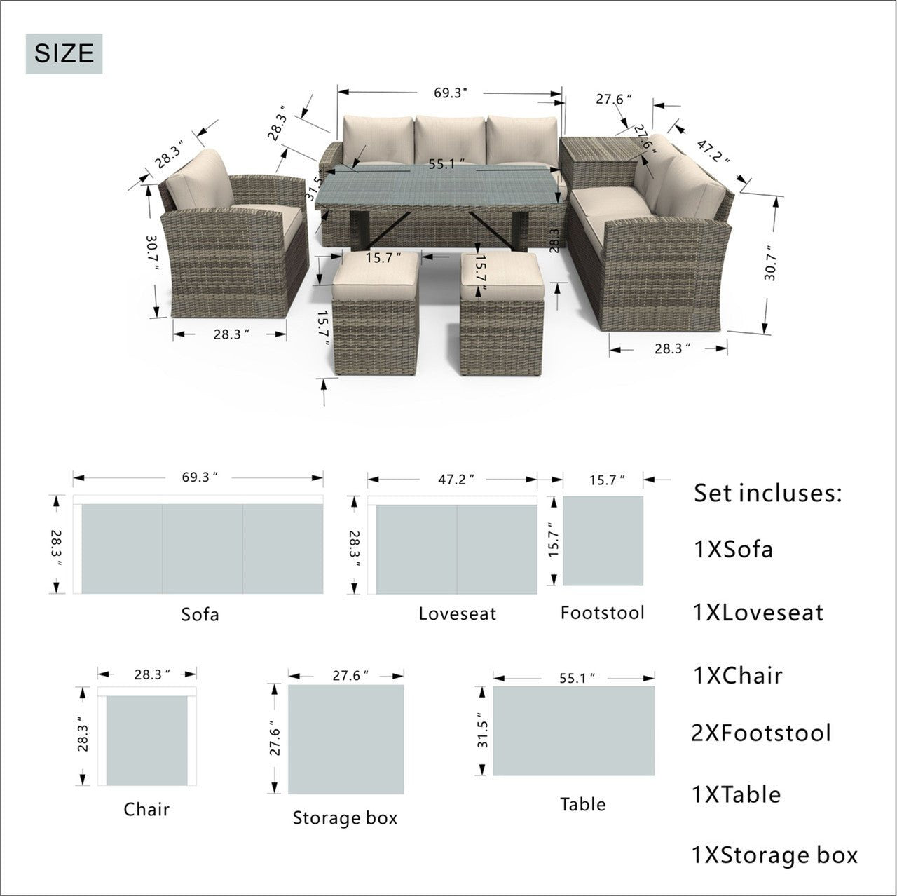 Santiago 7 - Piece Outdoor Corner Sofa Set With Rectangular Table (PAS - 1403B) - Direct Wicker