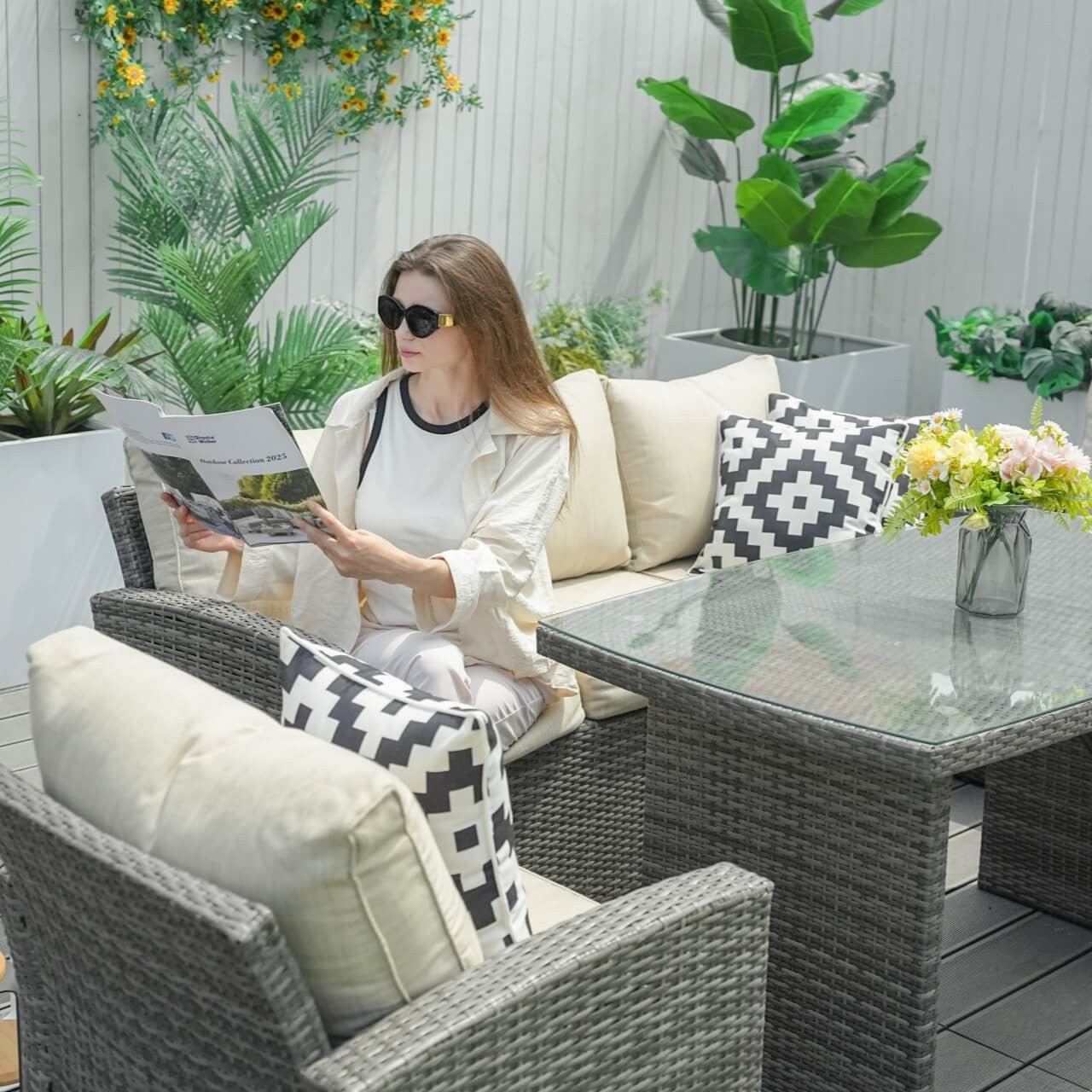 Santiago 7 - Piece Outdoor Corner Sofa Set With Rectangular Table (PAS - 1403B) - Direct Wicker