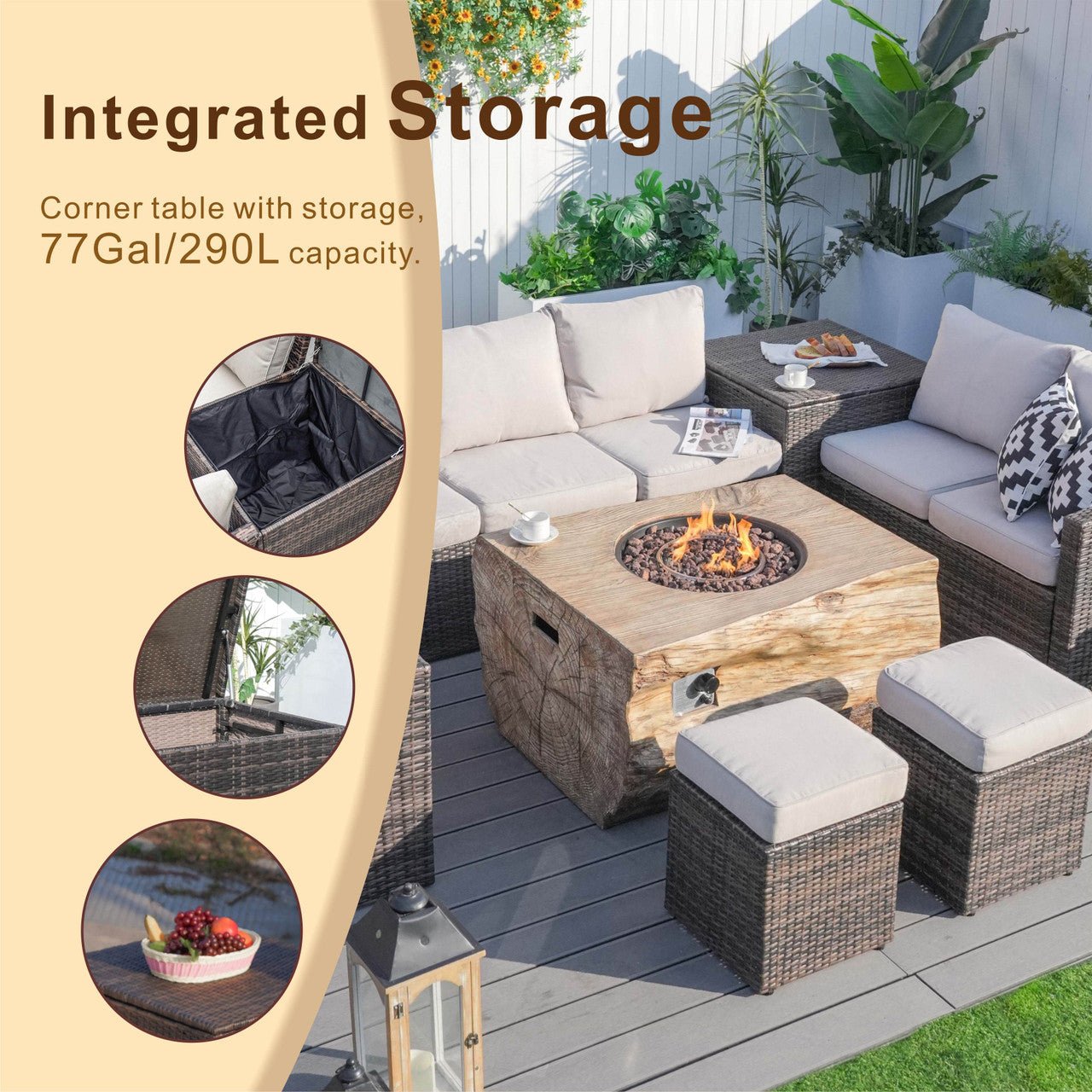 Santiago 7 - Piece Outdoor Fire Pit Sofa Set (PAG - 1403B+2170) - Direct Wicker