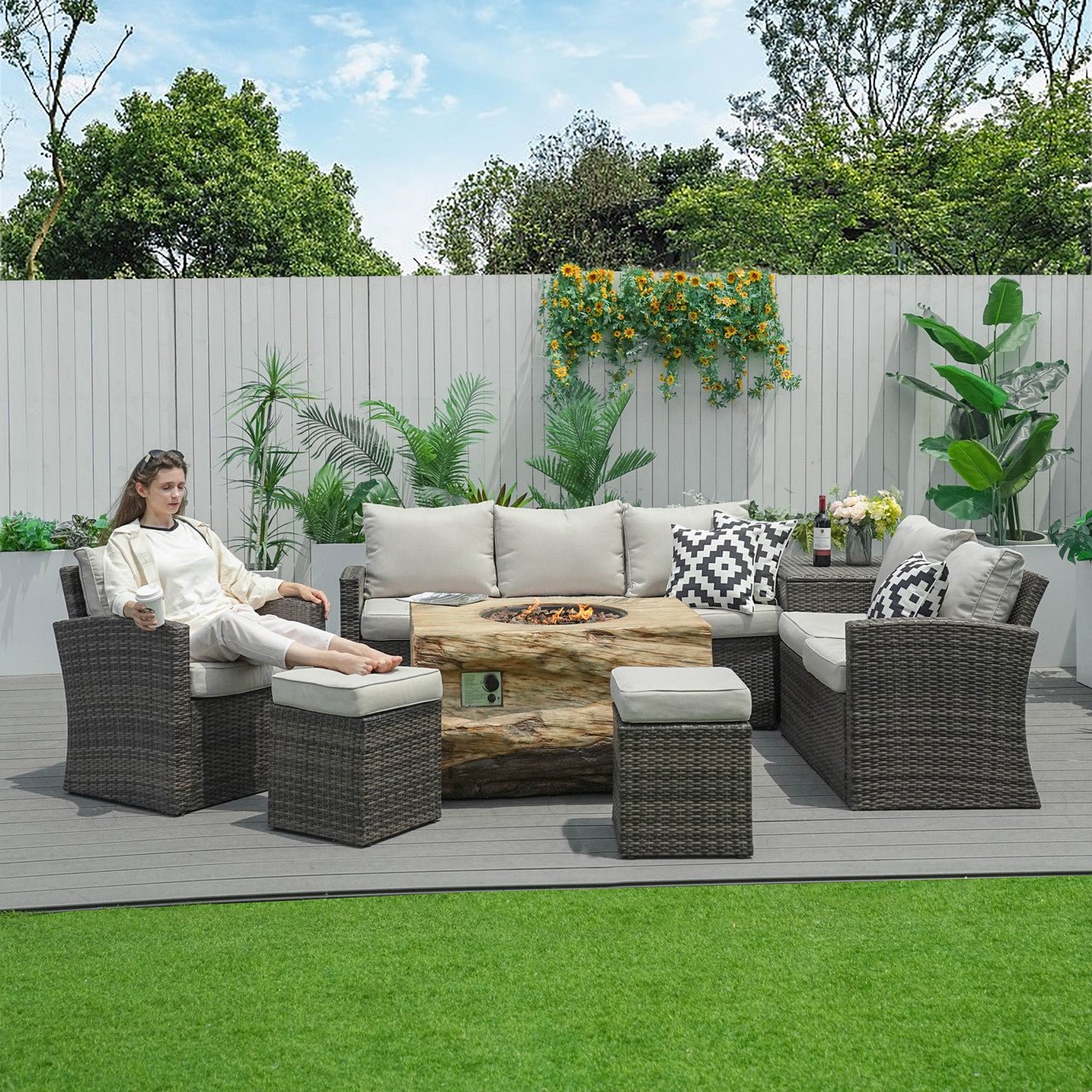 Santiago 7 - Piece Outdoor Fire Pit Sofa Set (PAG - 1403B+2170) - Direct Wicker