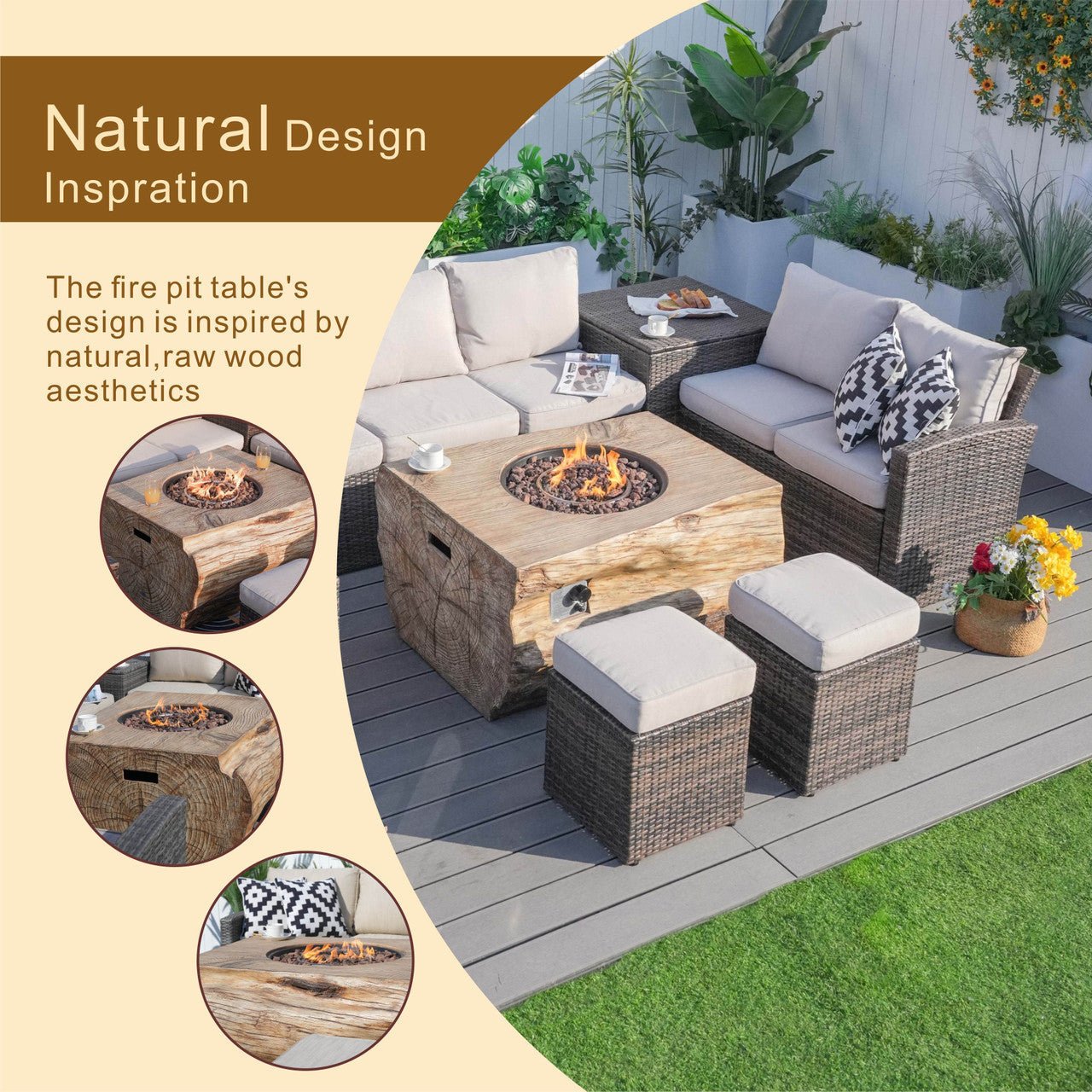 Santiago 7 - Piece Outdoor Fire Pit Sofa Set (PAG - 1403B+2170) - Direct Wicker