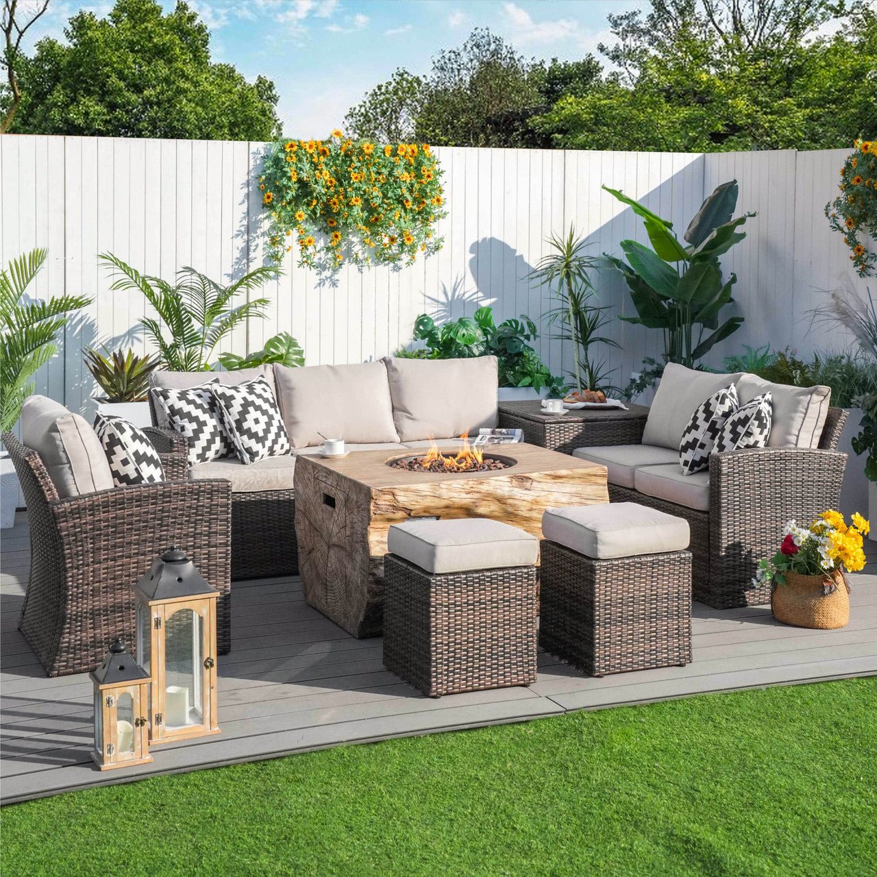 Santiago 7 - Piece Outdoor Fire Pit Sofa Set (PAG - 1403B+2170) - Direct Wicker