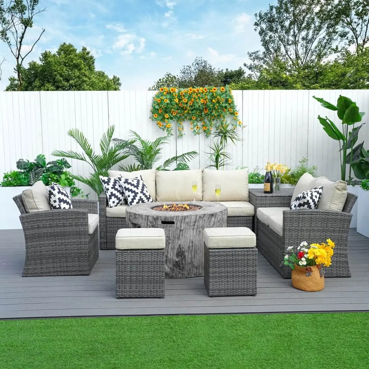 Santiago 7-Piece Outdoor Fire Pit Sofa Set (PAG-1403B+2180) - Direct Wicker