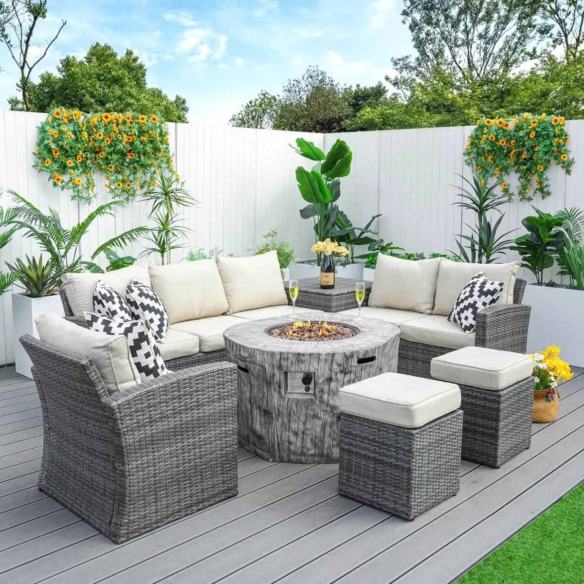 Santiago 7-Piece Outdoor Fire Pit Sofa Set (PAG-1403B+2180) - Direct Wicker