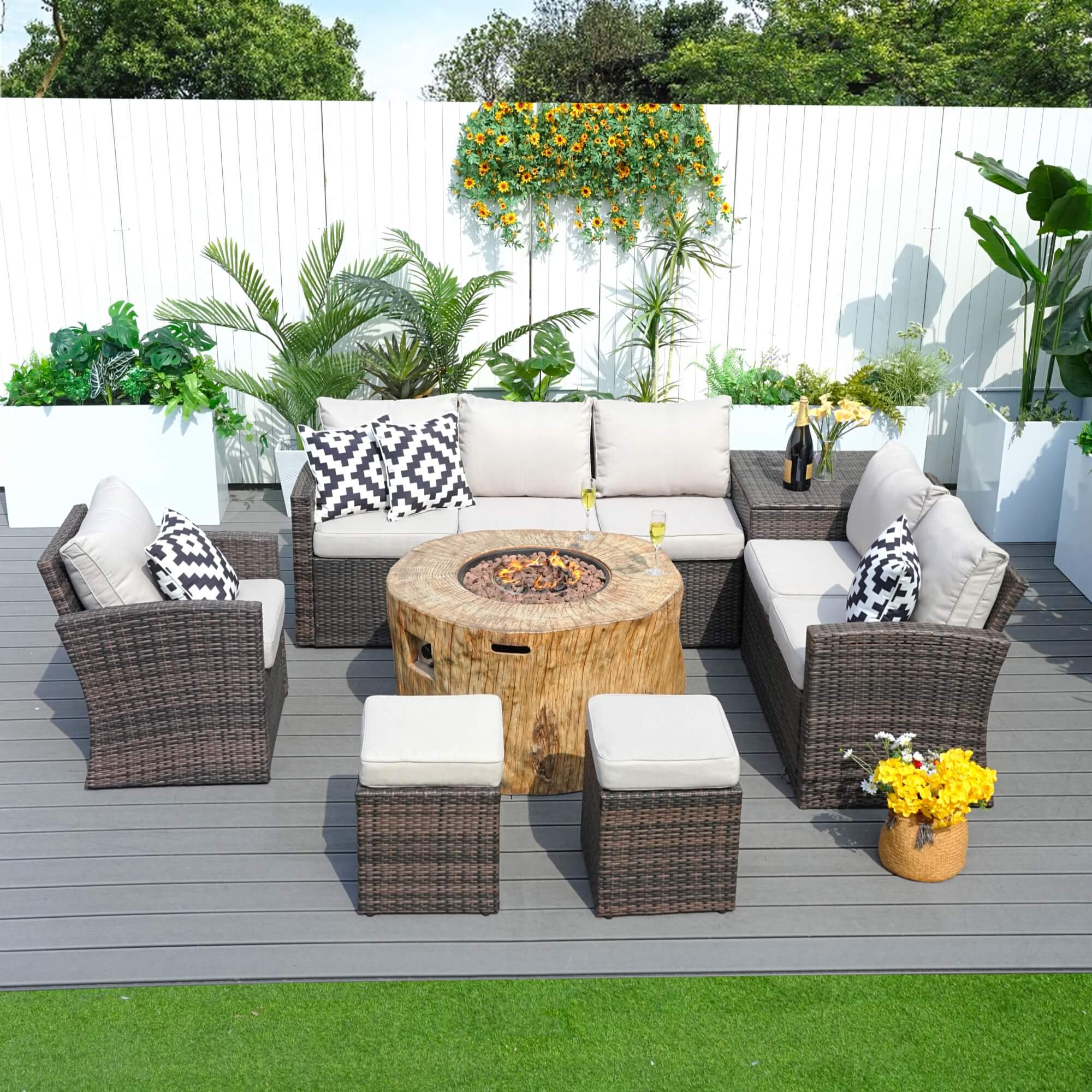 Santiago 7 - Piece Outdoor Fire Pit Sofa Set (PAG - 1403B+2180) - Direct Wicker