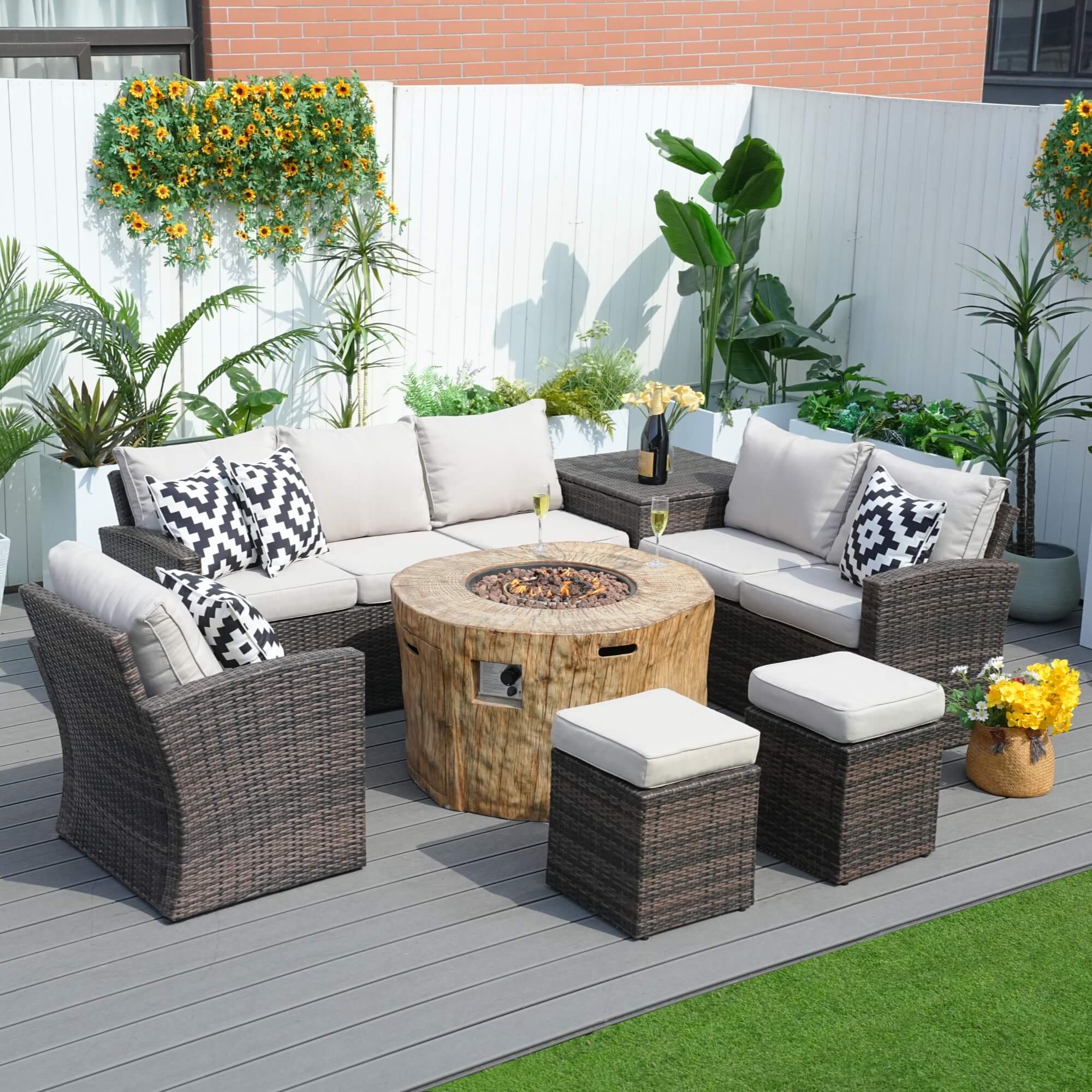 Santiago 7 - Piece Outdoor Fire Pit Sofa Set (PAG - 1403B+2180) - Direct Wicker