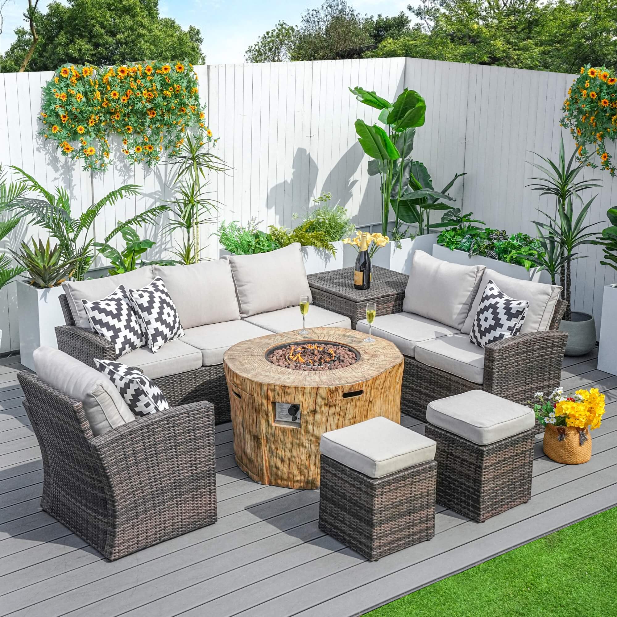 Santiago 7 - Piece Outdoor Fire Pit Sofa Set (PAG - 1403B+2180) - Direct Wicker