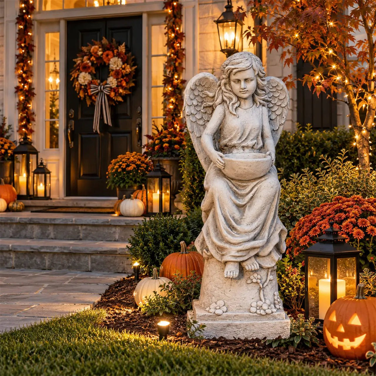 Seated Angel Holding Bowl Magnesium Oxide Garden Sculpture (GS-24936A-AN-WLX) - Direct Wicker