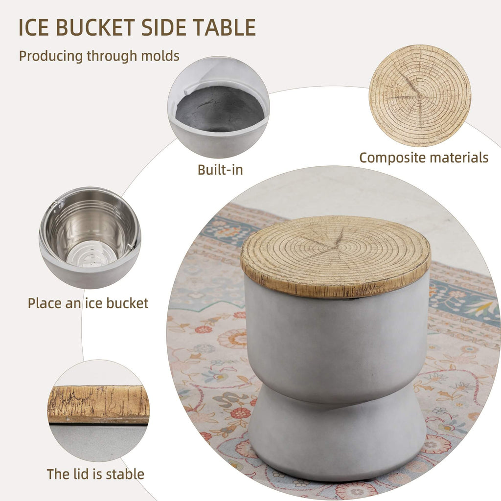 Silver Gray Side Table with Ice Bucket – Terrafab Composite Material（PAT - 24918IB） - Direct Wicker