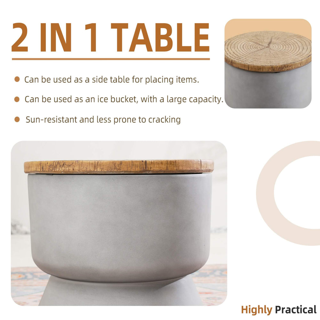 Silver Gray Side Table with Ice Bucket – Terrafab Composite Material（PAT - 24918IB） - Direct Wicker