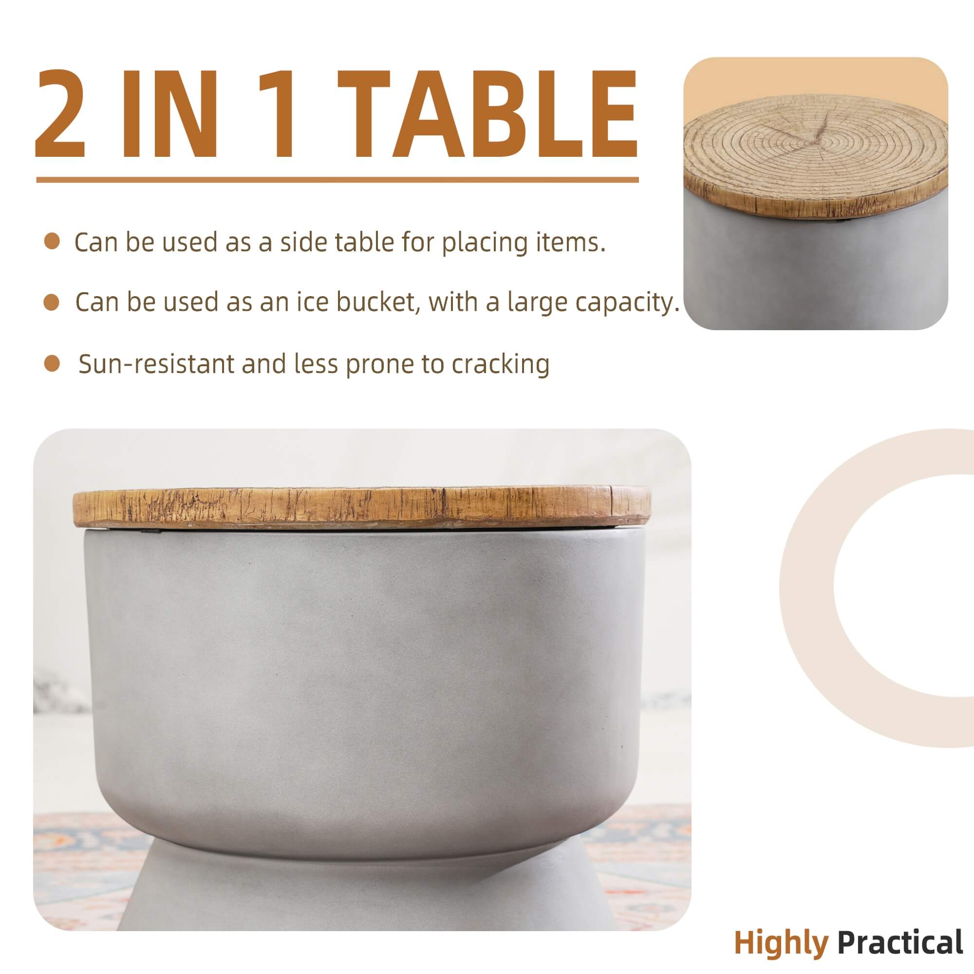 Silver Gray Side Table with Ice Bucket – Terrafab Composite Material（PAT - 24918IB） - Direct Wicker