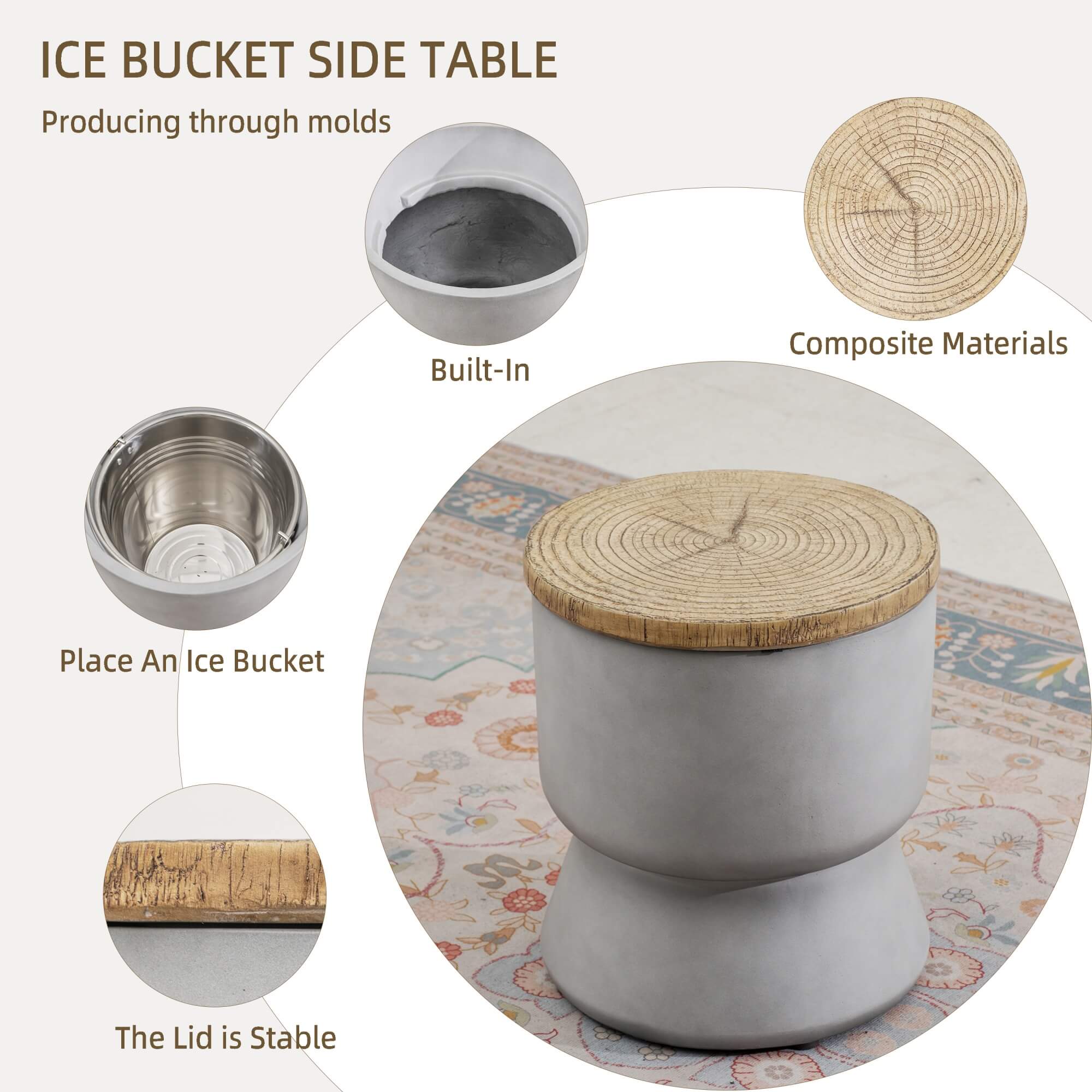 Silver Gray Side Table with Ice Bucket – Terrafab Composite Material（PAT - 24918IB） - Direct Wicker