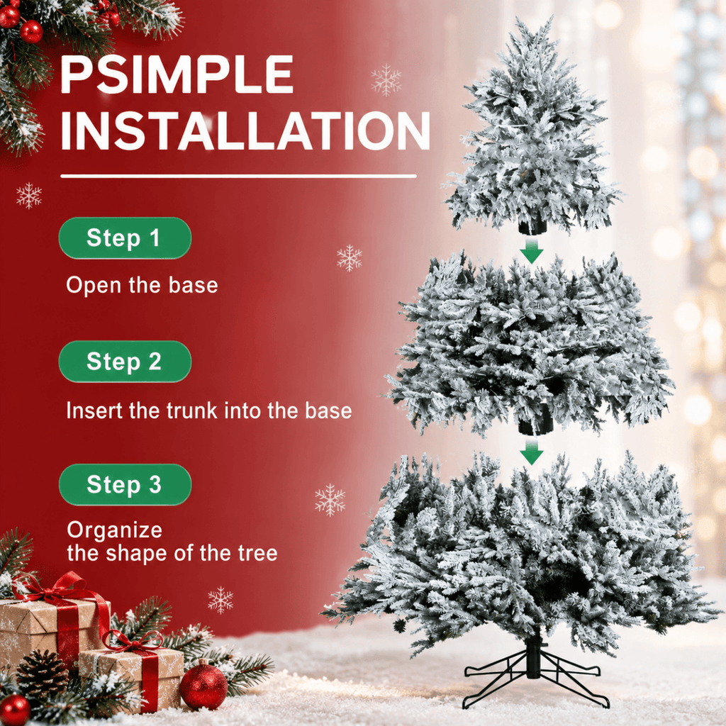 Snow-Flocked Artificial Christmas Tree - Realistic Green Xmas Tree with Faux Snow Effect, 7ft/8ft - Direct Wicker