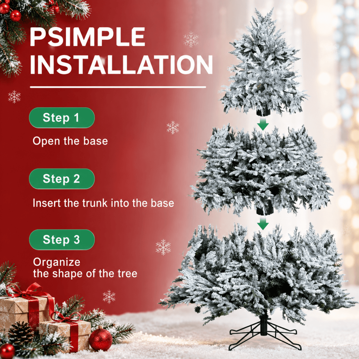 Snow-Flocked Artificial Christmas Tree - Realistic Green Xmas Tree with Faux Snow Effect, 7ft/8ft - Direct Wicker