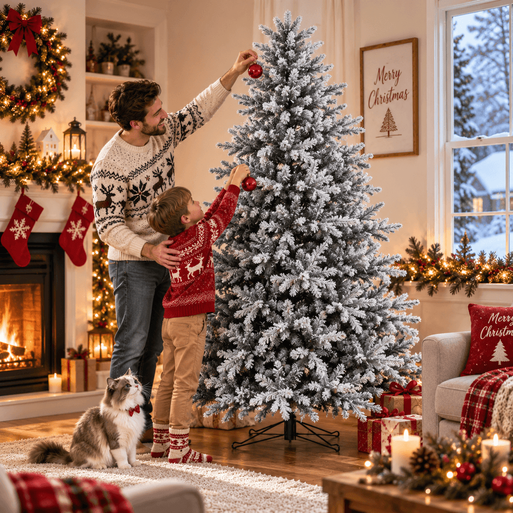 Snow-Flocked Artificial Christmas Tree - Realistic Green Xmas Tree with Faux Snow Effect, 7ft/8ft - Direct Wicker