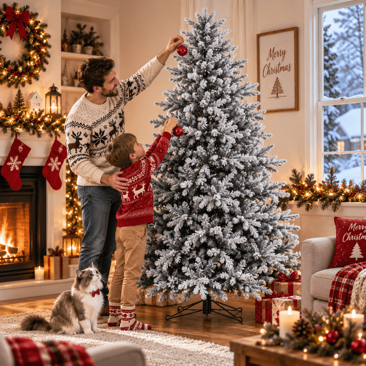 Snow-Flocked Artificial Christmas Tree - Realistic Green Xmas Tree with Faux Snow Effect, 7ft/8ft - Direct Wicker