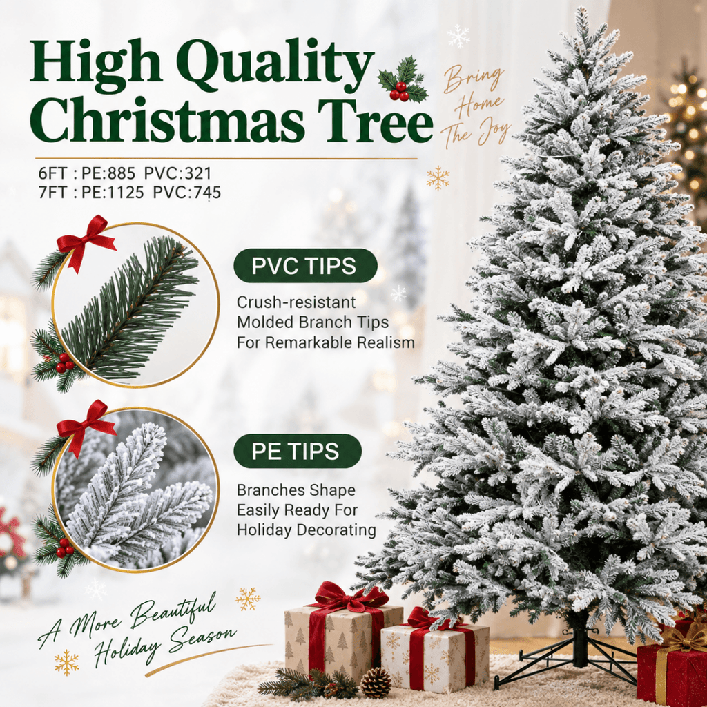 Snow-Flocked Artificial Christmas Tree - Realistic Green Xmas Tree with Faux Snow Effect, 7ft/8ft - Direct Wicker