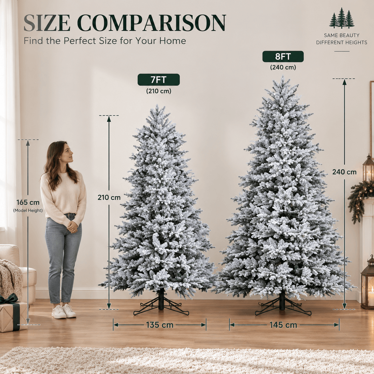 Snow-Flocked Artificial Christmas Tree - Realistic Green Xmas Tree with Faux Snow Effect, 7ft/8ft - Direct Wicker
