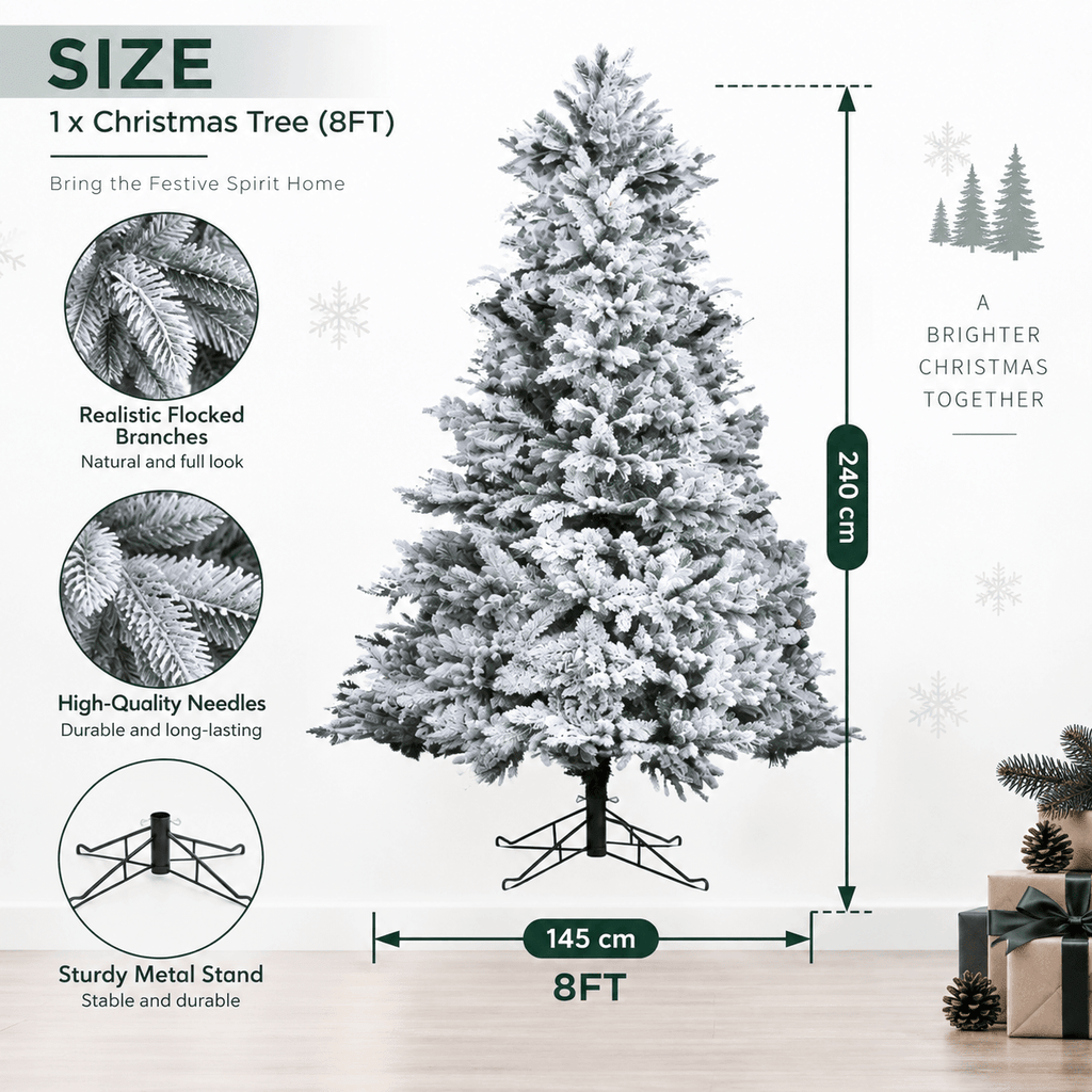 Snow-Flocked Artificial Christmas Tree - Realistic Green Xmas Tree with Faux Snow Effect, 7ft/8ft - Direct Wicker