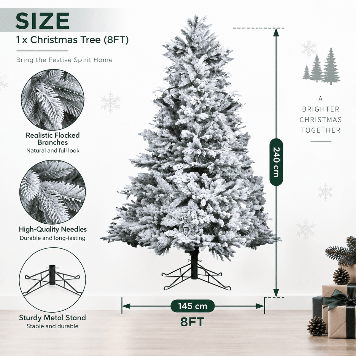 Snow-Flocked Artificial Christmas Tree - Realistic Green Xmas Tree with Faux Snow Effect, 7ft/8ft - Direct Wicker