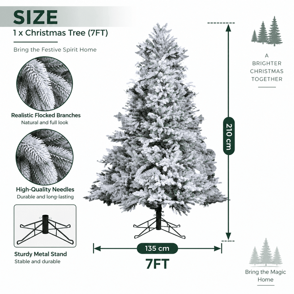 Snow-Flocked Artificial Christmas Tree - Realistic Green Xmas Tree with Faux Snow Effect, 7ft/8ft - Direct Wicker