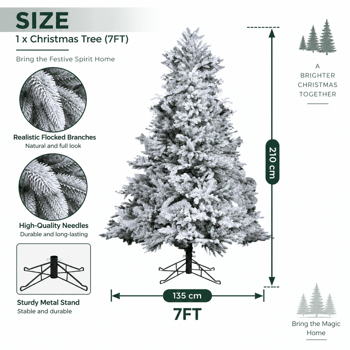 Snow-Flocked Artificial Christmas Tree - Realistic Green Xmas Tree with Faux Snow Effect, 7ft/8ft - Direct Wicker