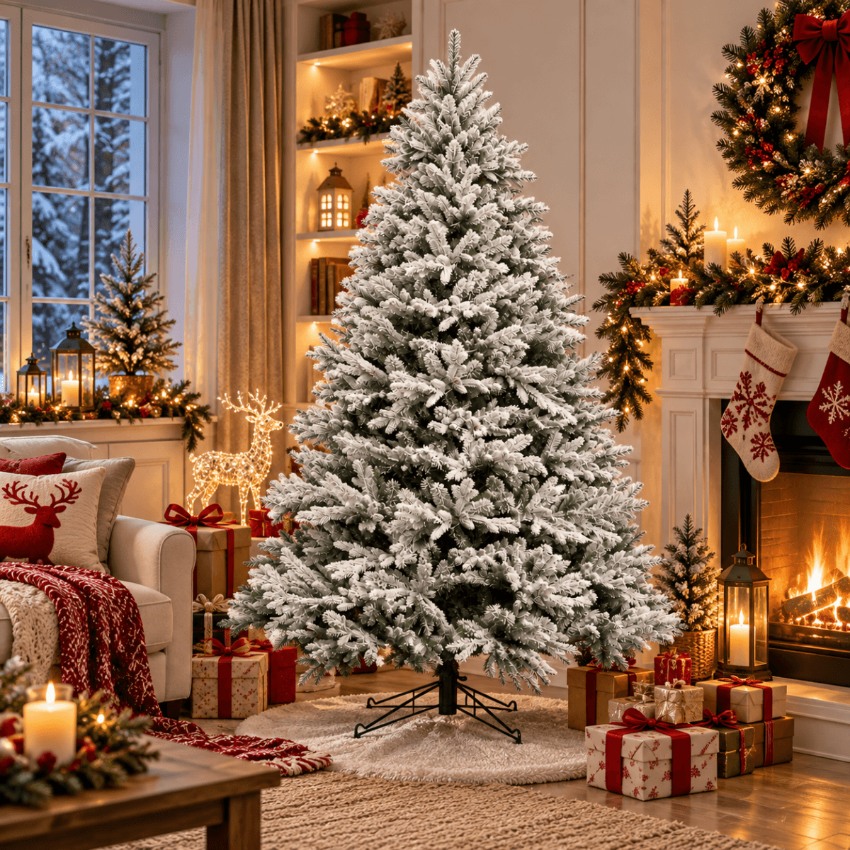 Snow-Flocked Artificial Christmas Tree - Realistic Green Xmas Tree with Faux Snow Effect, 7ft/8ft - Direct Wicker