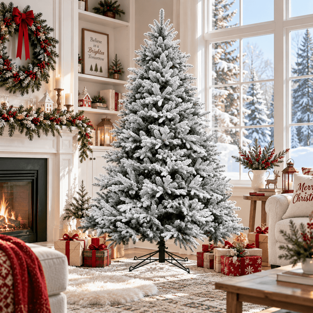 Snow-Flocked Artificial Christmas Tree - Realistic Green Xmas Tree with Faux Snow Effect, 7ft/8ft - Direct Wicker