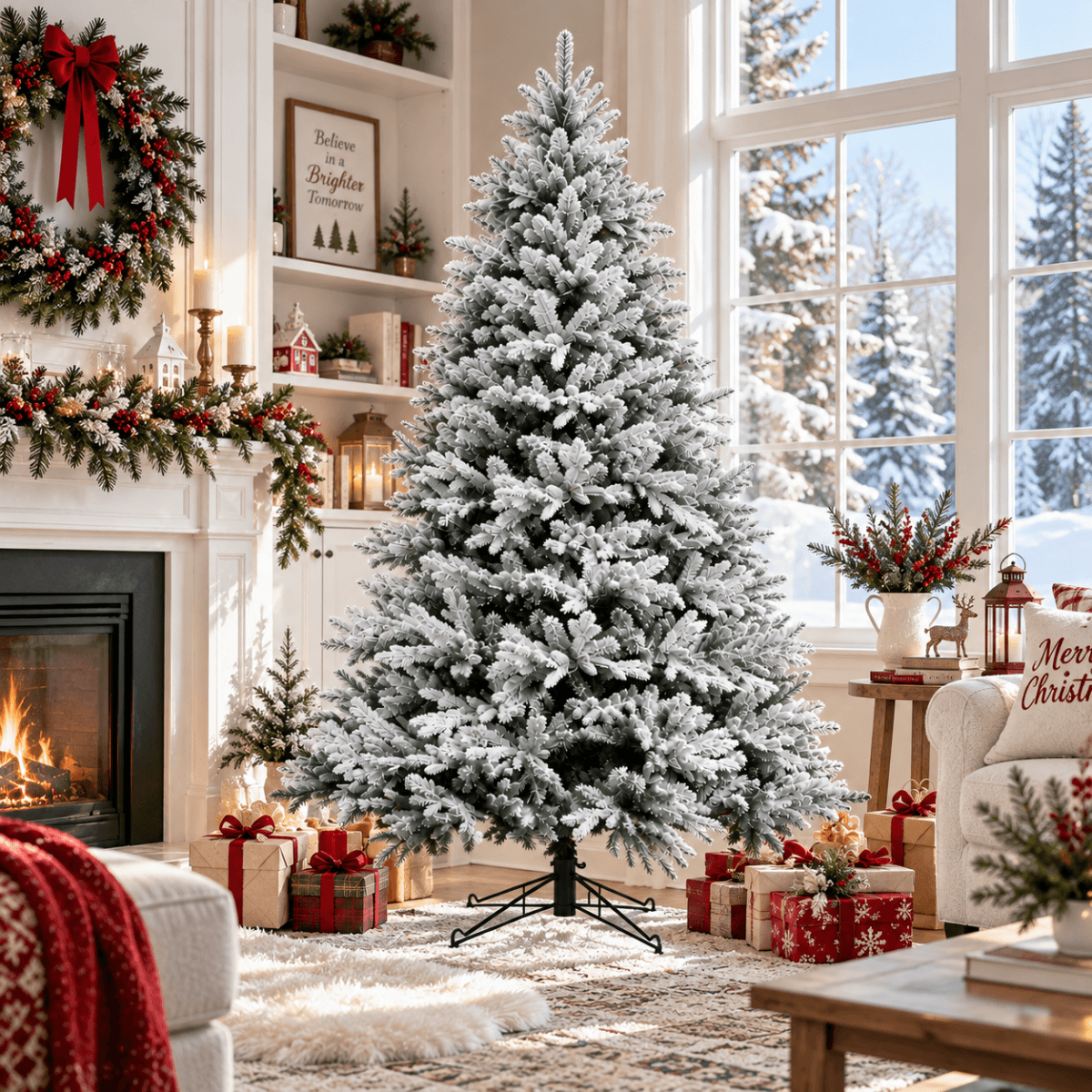 Snow-Flocked Artificial Christmas Tree - Realistic Green Xmas Tree with Faux Snow Effect, 7ft/8ft - Direct Wicker