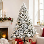 Snow Flocked PE/PVC Pre-Lit Artificial Christmas Tree with Realistic Mixed Foliage, Warm White LED Lights & Metal Stand – 6 FT, 7 FT & 8 FT (PAT-015L) - Direct Wicker