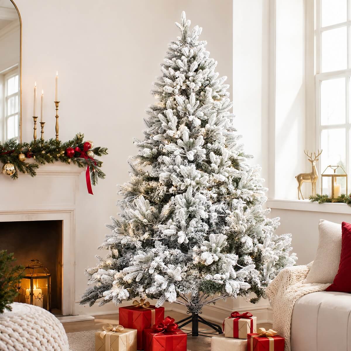 Snow Flocked PE/PVC Pre-Lit Artificial Christmas Tree with Realistic Mixed Foliage, Warm White LED Lights & Metal Stand – 6 FT, 7 FT & 8 FT (PAT-015L) - Direct Wicker