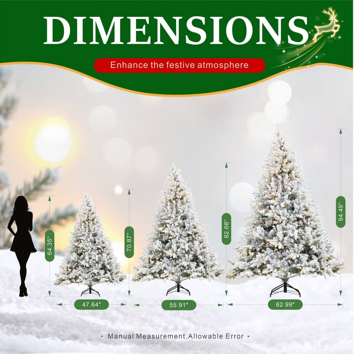 Snow Flocked PE/PVC Pre-Lit Artificial Christmas Tree with Realistic Mixed Foliage, Warm White LED Lights & Metal Stand – 6 FT, 7 FT & 8 FT (PAT-015L) - Direct Wicker