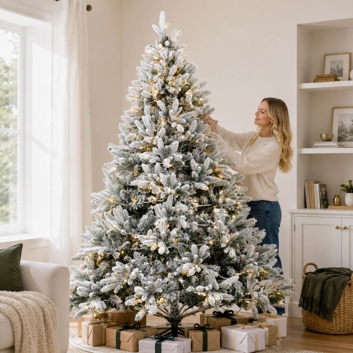 Snow Flocked PE/PVC Pre-Lit Artificial Christmas Tree with Realistic Mixed Foliage, Warm White LED Lights & Metal Stand – 6 FT, 7 FT & 8 FT (PAT-015L) - Direct Wicker