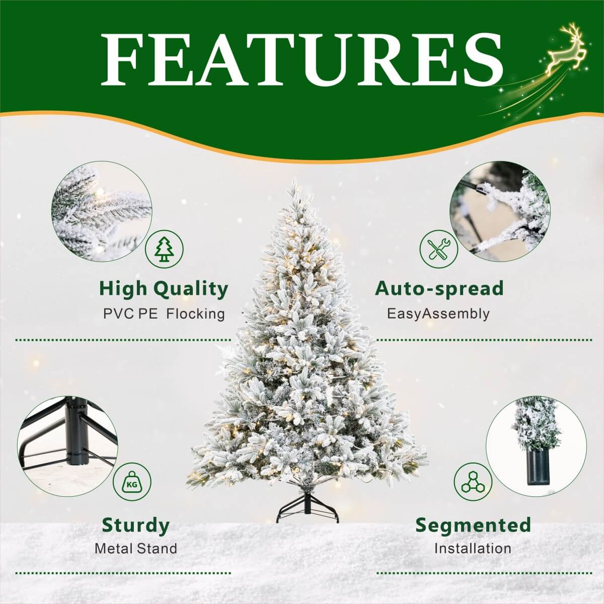 Snow Flocked PE/PVC Pre-Lit Artificial Christmas Tree with Realistic Mixed Foliage, Warm White LED Lights & Metal Stand – 6 FT, 7 FT & 8 FT (PAT-015L) - Direct Wicker