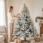 Snow Flocked PE/PVC Pre-Lit Artificial Christmas Tree with Realistic Mixed Foliage, Warm White LED Lights & Metal Stand – 6 FT, 7 FT & 8 FT (PAT-015L) - Direct Wicker