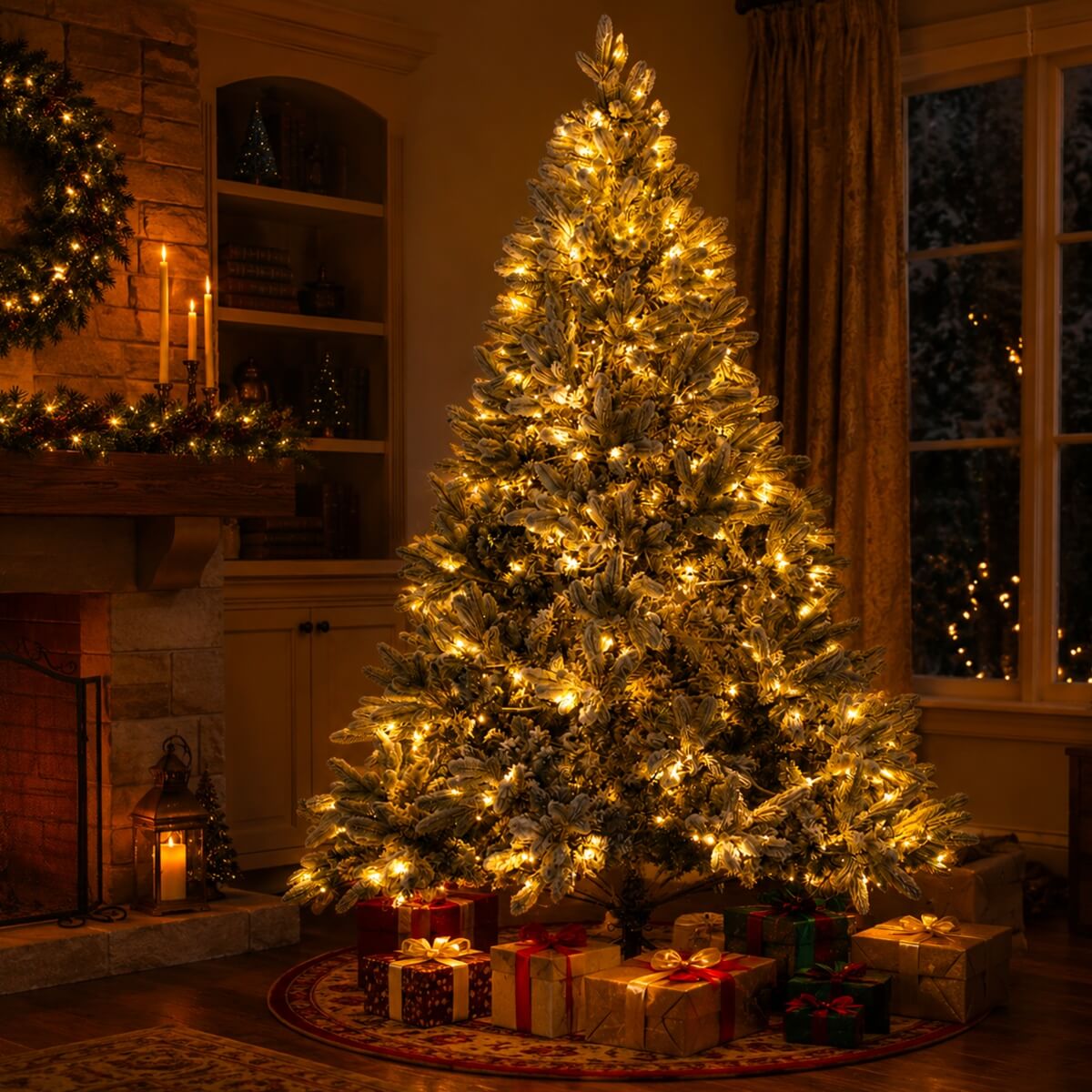 Snow Flocked PE/PVC Pre-Lit Artificial Christmas Tree with Realistic Mixed Foliage, Warm White LED Lights & Metal Stand – 6 FT, 7 FT & 8 FT (PAT-015L) - Direct Wicker