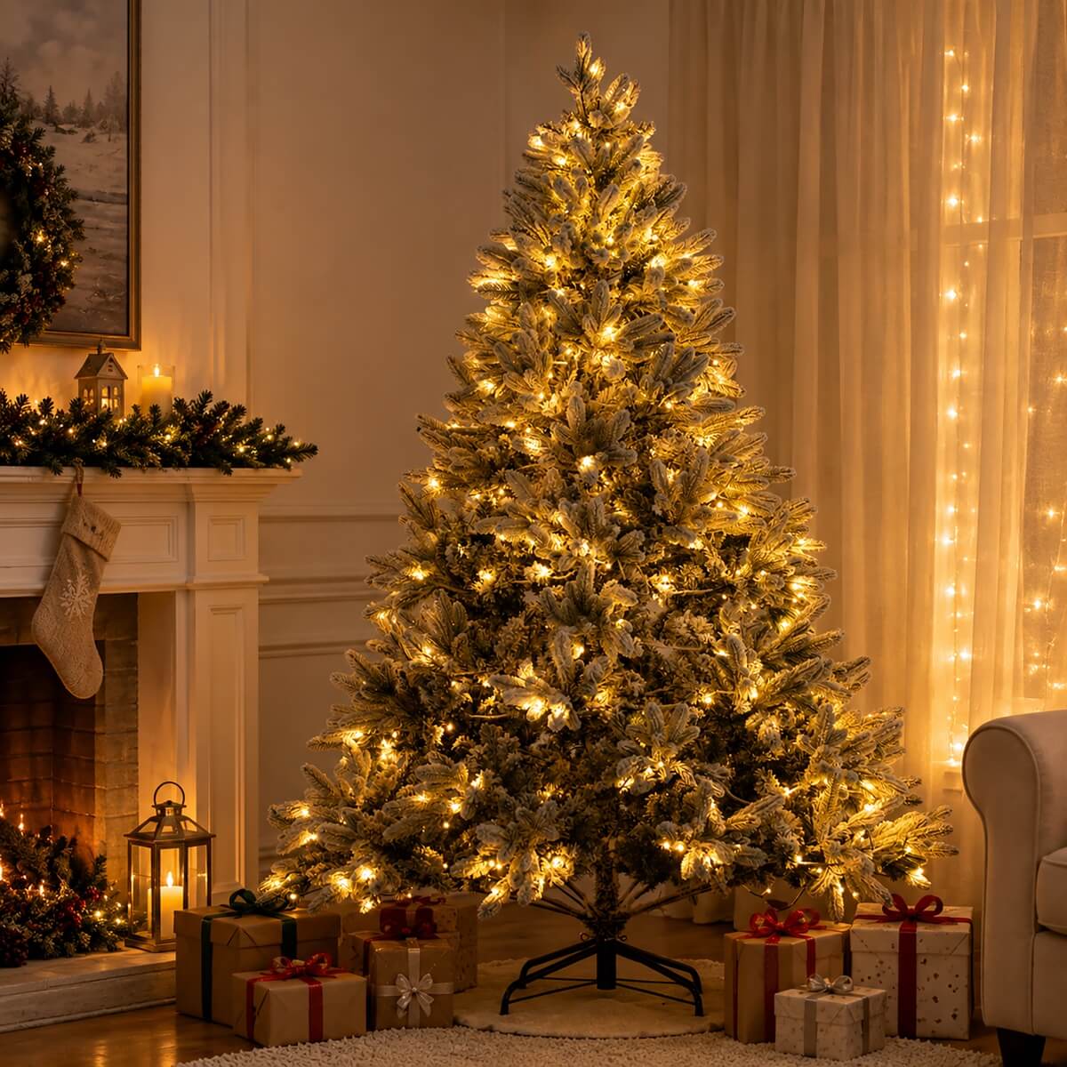 Snow Flocked PE/PVC Pre-Lit Artificial Christmas Tree with Realistic Mixed Foliage, Warm White LED Lights & Metal Stand – 6 FT, 7 FT & 8 FT (PAT-015L) - Direct Wicker
