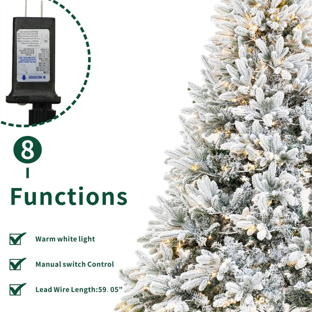 Snow Flocked PE/PVC Pre-Lit Artificial Christmas Tree with Realistic Mixed Foliage, Warm White LED Lights & Metal Stand – 6 FT, 7 FT & 8 FT (PAT-015L) - Direct Wicker