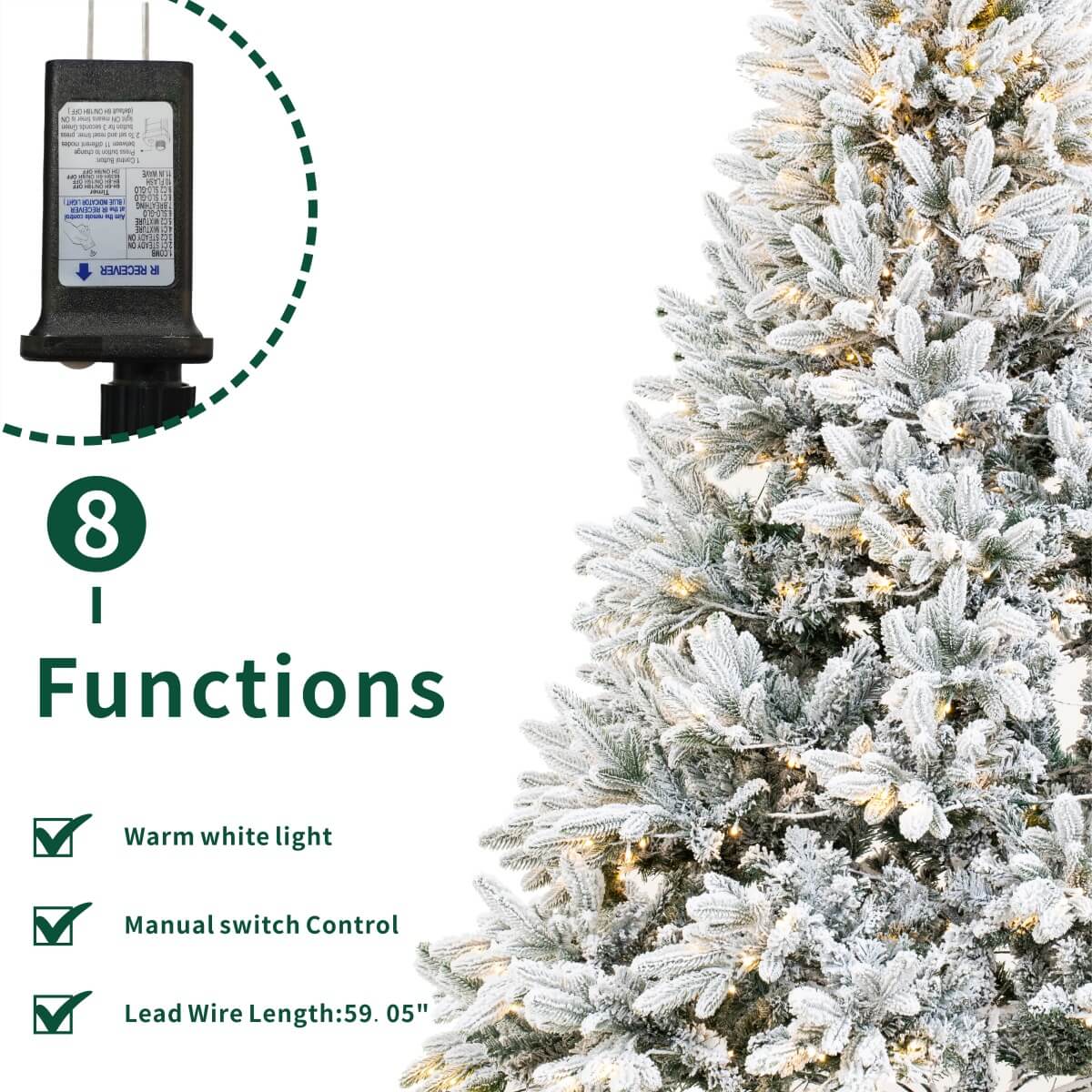 Snow Flocked PE/PVC Pre-Lit Artificial Christmas Tree with Realistic Mixed Foliage, Warm White LED Lights & Metal Stand – 6 FT, 7 FT & 8 FT (PAT-015L) - Direct Wicker