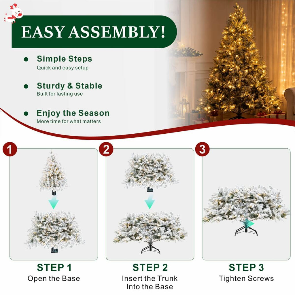 Snow Flocked PE/PVC Pre-Lit Artificial Christmas Tree with Realistic Mixed Foliage, Warm White LED Lights & Metal Stand – 6 FT, 7 FT & 8 FT (PAT-015L) - Direct Wicker