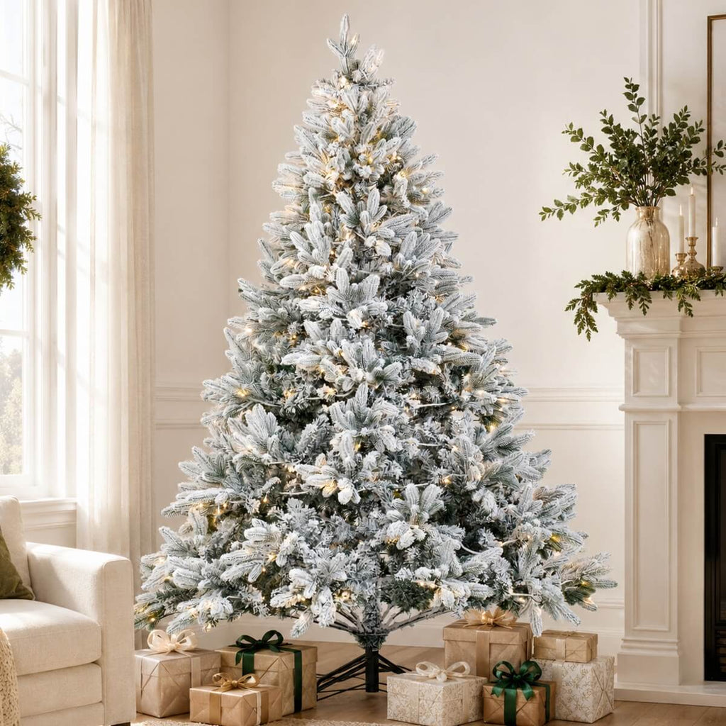 Snow Flocked PE/PVC Pre-Lit Artificial Christmas Tree with Realistic Mixed Foliage, Warm White LED Lights & Metal Stand – 6 FT, 7 FT & 8 FT (PAT-015L) - Direct Wicker