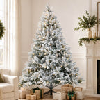 Snow Flocked PE/PVC Pre-Lit Artificial Christmas Tree with Realistic Mixed Foliage, Warm White LED Lights & Metal Stand – 6 FT, 7 FT & 8 FT (PAT-015L) - Direct Wicker