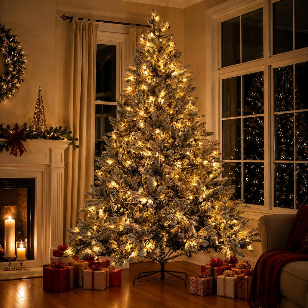 Snow Flocked PE/PVC Pre-Lit Artificial Christmas Tree with Realistic Mixed Foliage, Warm White LED Lights & Metal Stand – 6 FT, 7 FT & 8 FT (PAT-015L) - Direct Wicker