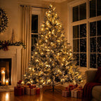 Snow Flocked PE/PVC Pre-Lit Artificial Christmas Tree with Realistic Mixed Foliage, Warm White LED Lights & Metal Stand – 6 FT, 7 FT & 8 FT (PAT-015L) - Direct Wicker