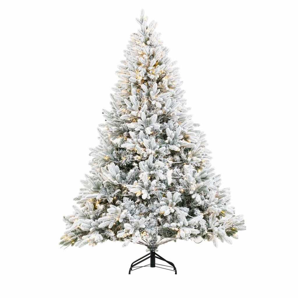 Snow Flocked PE/PVC Pre-Lit Artificial Christmas Tree with Realistic Mixed Foliage, Warm White LED Lights & Metal Stand – 6 FT, 7 FT & 8 FT (PAT-015L) - Direct Wicker