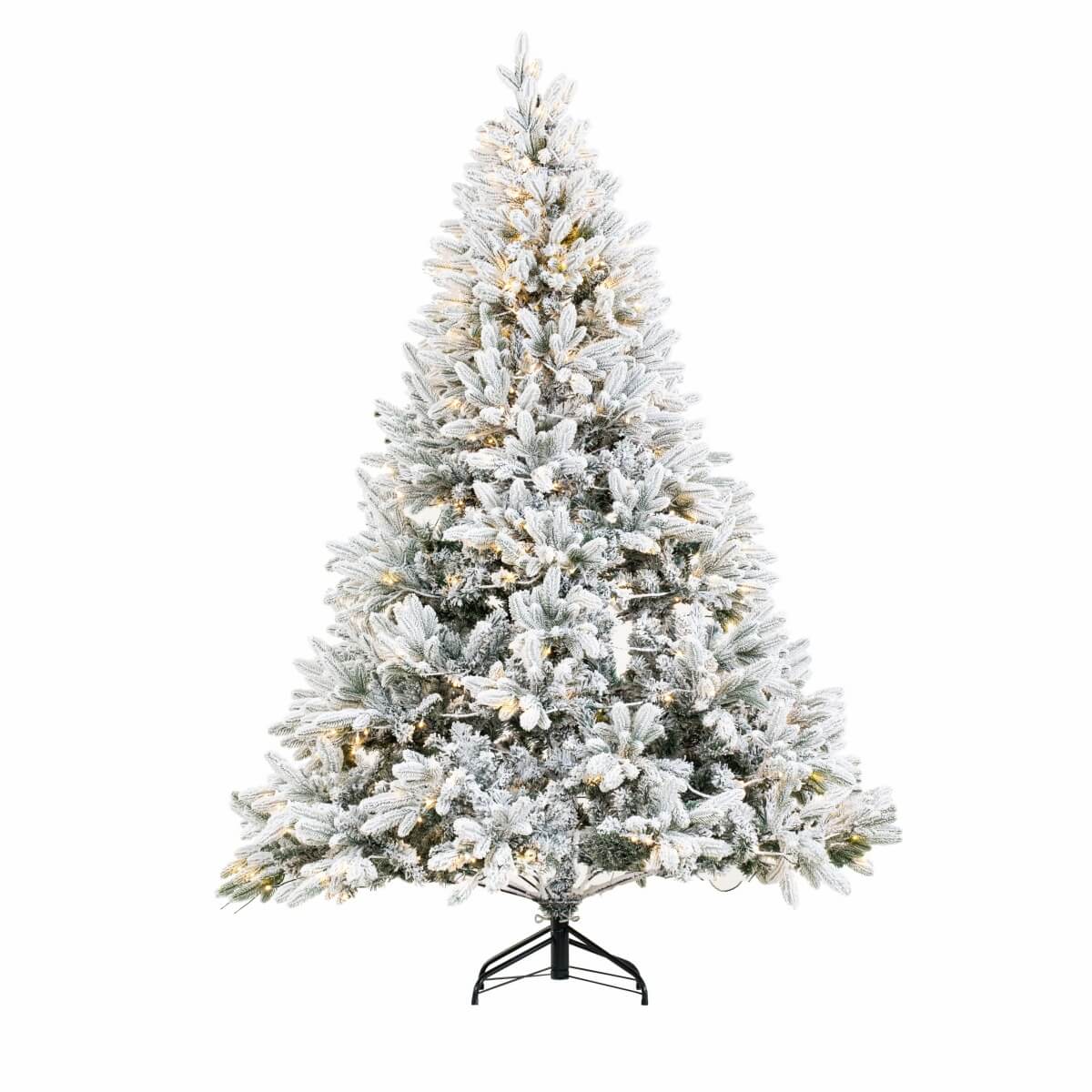 Snow Flocked PE/PVC Pre-Lit Artificial Christmas Tree with Realistic Mixed Foliage, Warm White LED Lights & Metal Stand – 6 FT, 7 FT & 8 FT (PAT-015L) - Direct Wicker