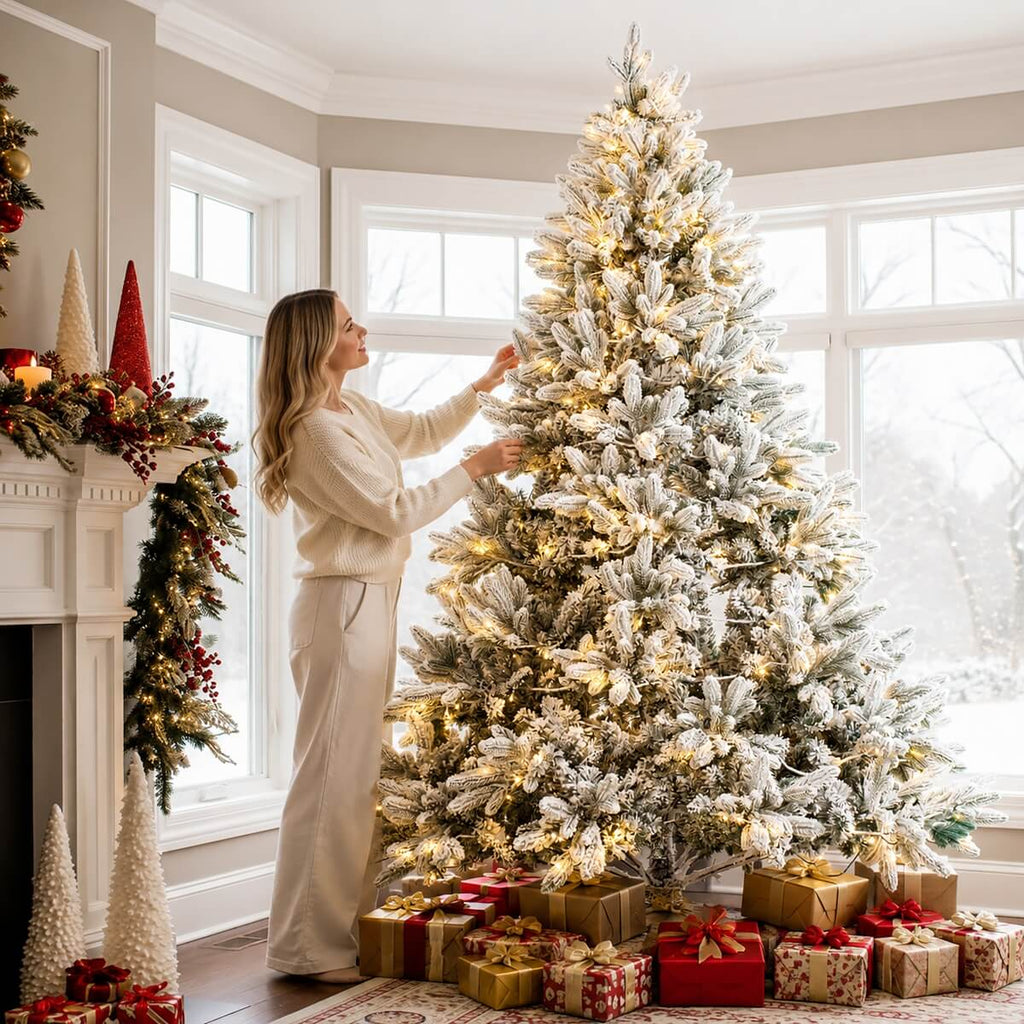 Snow Flocked PE/PVC Pre-Lit Artificial Christmas Tree with Realistic Mixed Foliage, Warm White LED Lights & Metal Stand – 6 FT, 7 FT & 8 FT (PAT-015L) - Direct Wicker