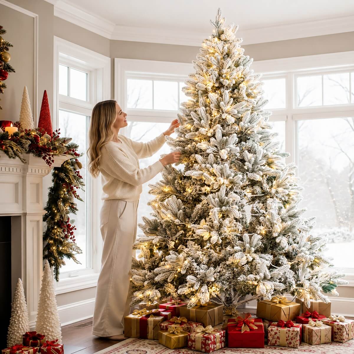 Snow Flocked PE/PVC Pre-Lit Artificial Christmas Tree with Realistic Mixed Foliage, Warm White LED Lights & Metal Stand – 6 FT, 7 FT & 8 FT (PAT-015L) - Direct Wicker
