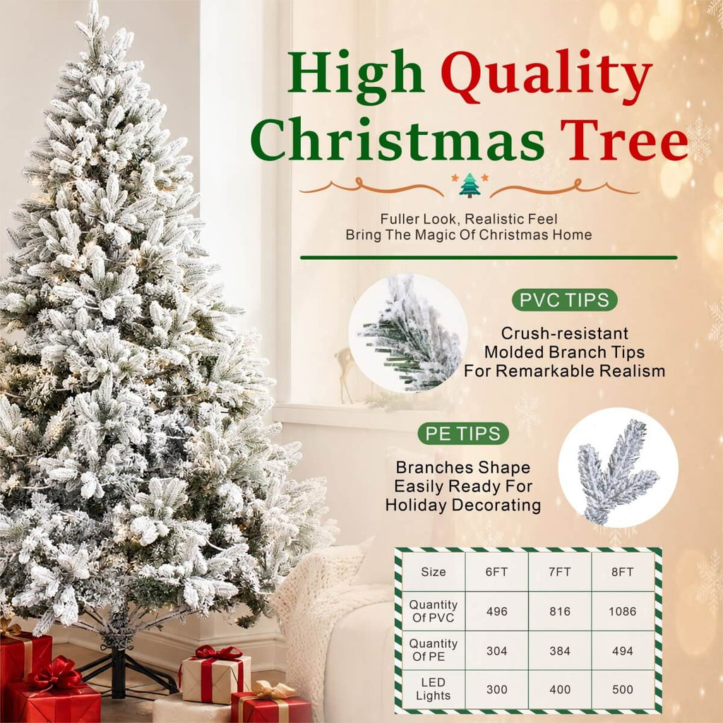 Snow Flocked PE/PVC Pre-Lit Artificial Christmas Tree with Realistic Mixed Foliage, Warm White LED Lights & Metal Stand – 6 FT, 7 FT & 8 FT (PAT-015L) - Direct Wicker