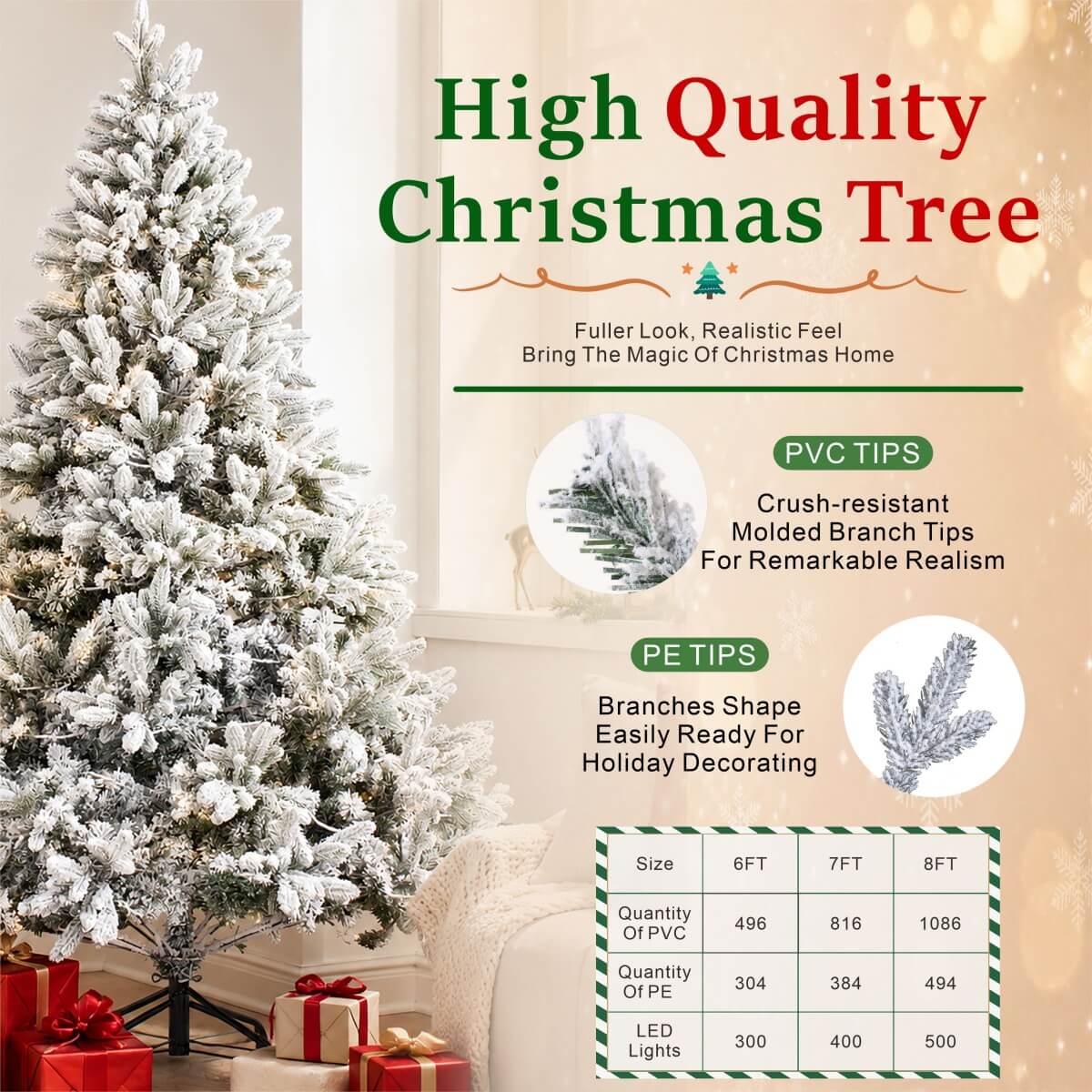 Snow Flocked PE/PVC Pre-Lit Artificial Christmas Tree with Realistic Mixed Foliage, Warm White LED Lights & Metal Stand – 6 FT, 7 FT & 8 FT (PAT-015L) - Direct Wicker
